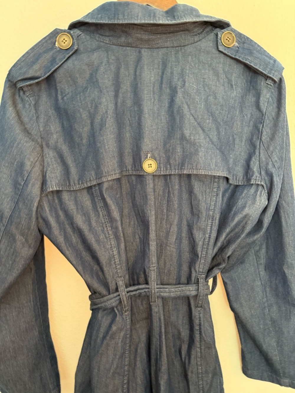 New York & Company Navy Blue (Denim) Double-Breasted Trench with Waist Tie - Picture 3 of 5